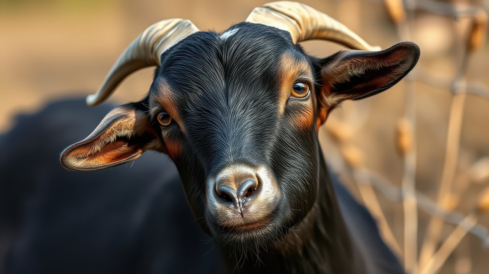 Goat with expressive eyes stands gracefully against a blurred natural background during golden hour